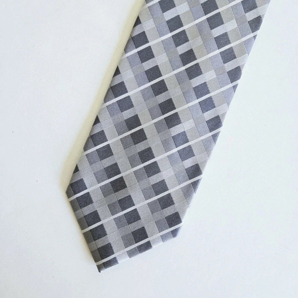 Van Heusen Silk Tie Gray Plaid Geometric Classic Retro Hand Made Stain Resistant